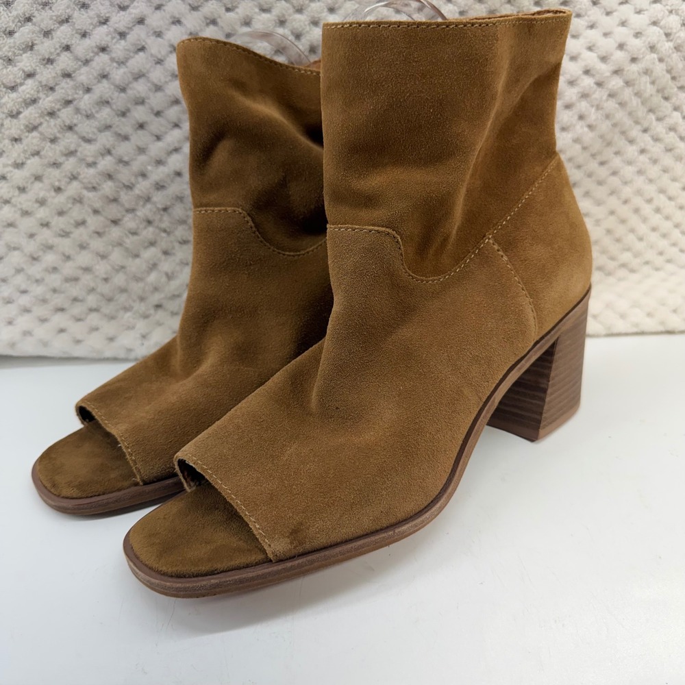 Lucky Brand Ryemi Peep Toe Booties Women 11M Cognac Suede Block Heel Ankle Boots